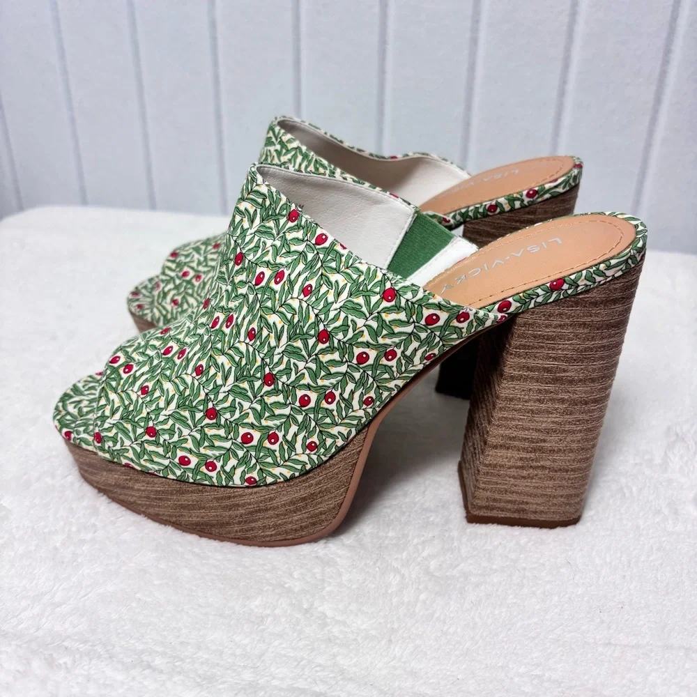 NWT Lisa Vicky Joy Green Botanical Print Platform Mule Clog Heels Size 9